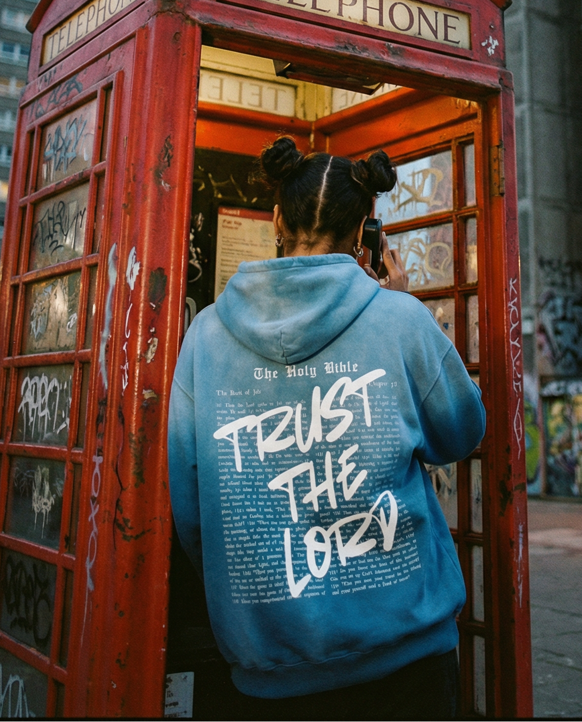 Person wearing a blue hoodie with 'Trust The Lord' text, standing in front of a red telephone booth in an urban setting.